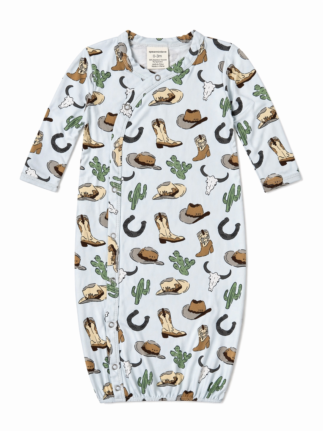 Light blue baby gown with cowboy boots, hats, cacti, and Western-themed designs. Suitable for 0-3 months.