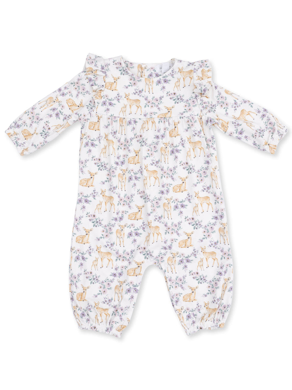White baby romper with floral and deer print, featuring ruffled sleeves and elasticized cuffs.
