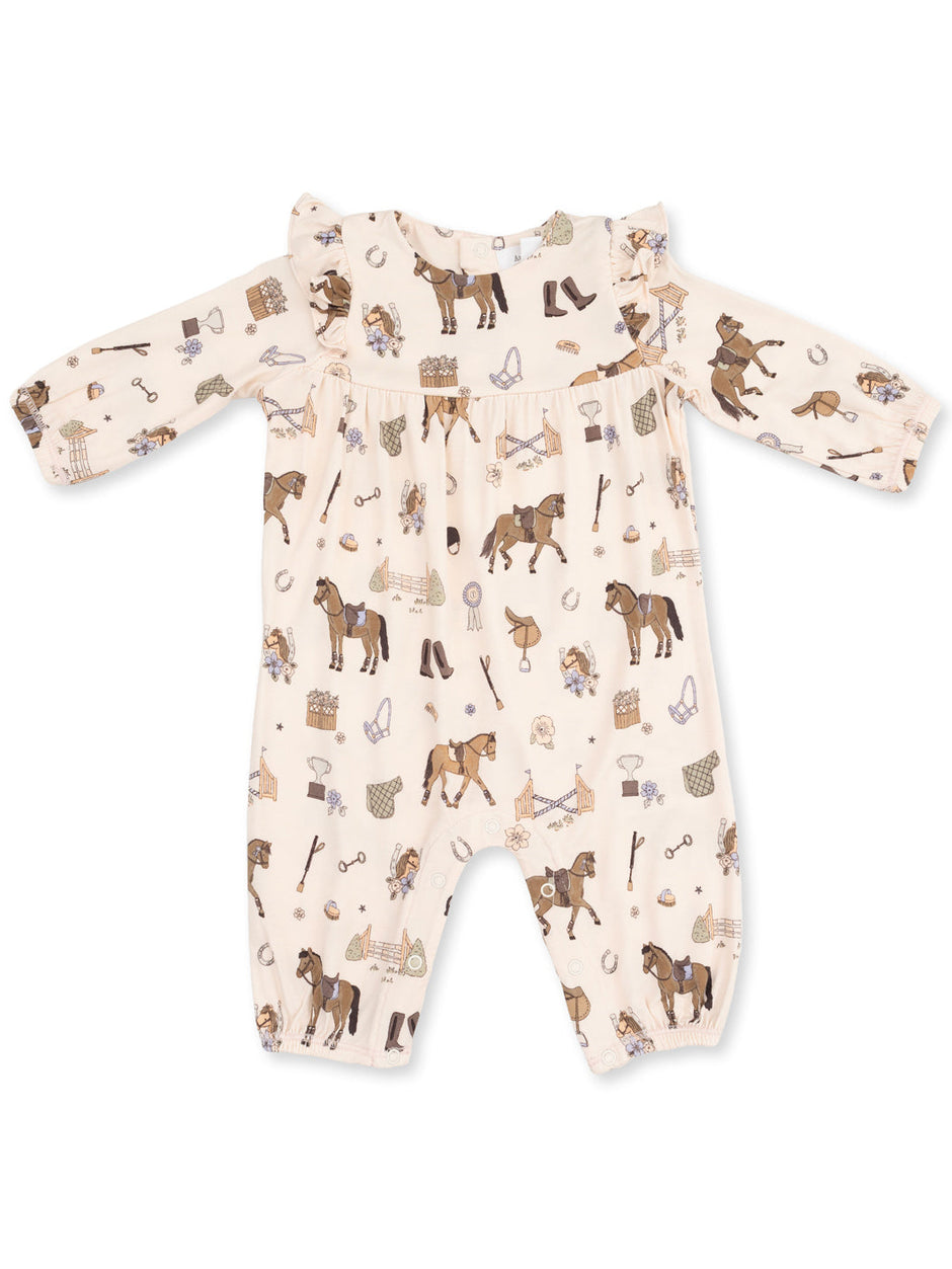 Baby romper with horse patterns, featuring long sleeves and ruffled neckline, ideal for little equestrian lovers.