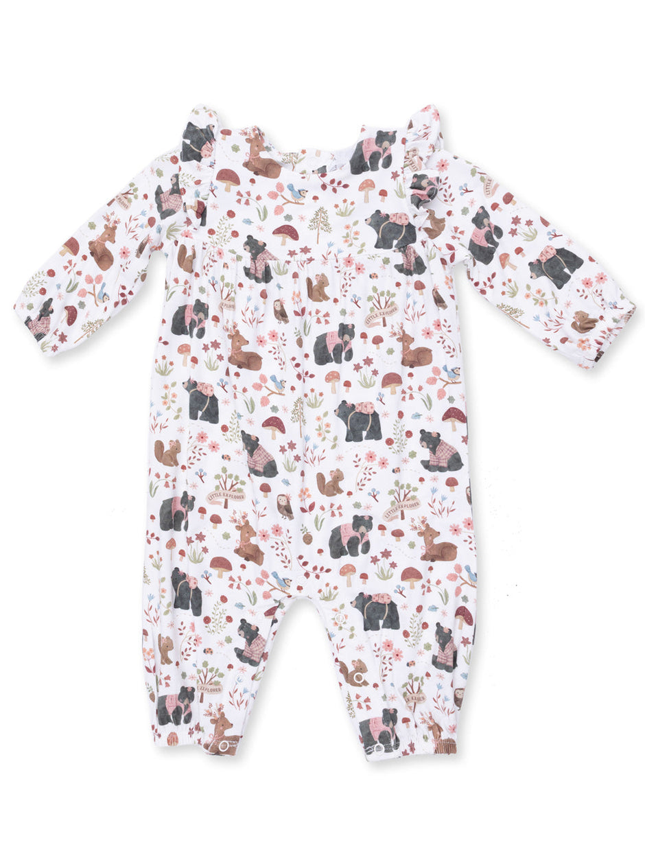 Floral patterned baby romper featuring cute animals like bears and deer, with ruffled sleeves.