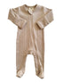 Beige ribbed baby onesie with long sleeves and zipper front, perfect for comfortable infant wear.