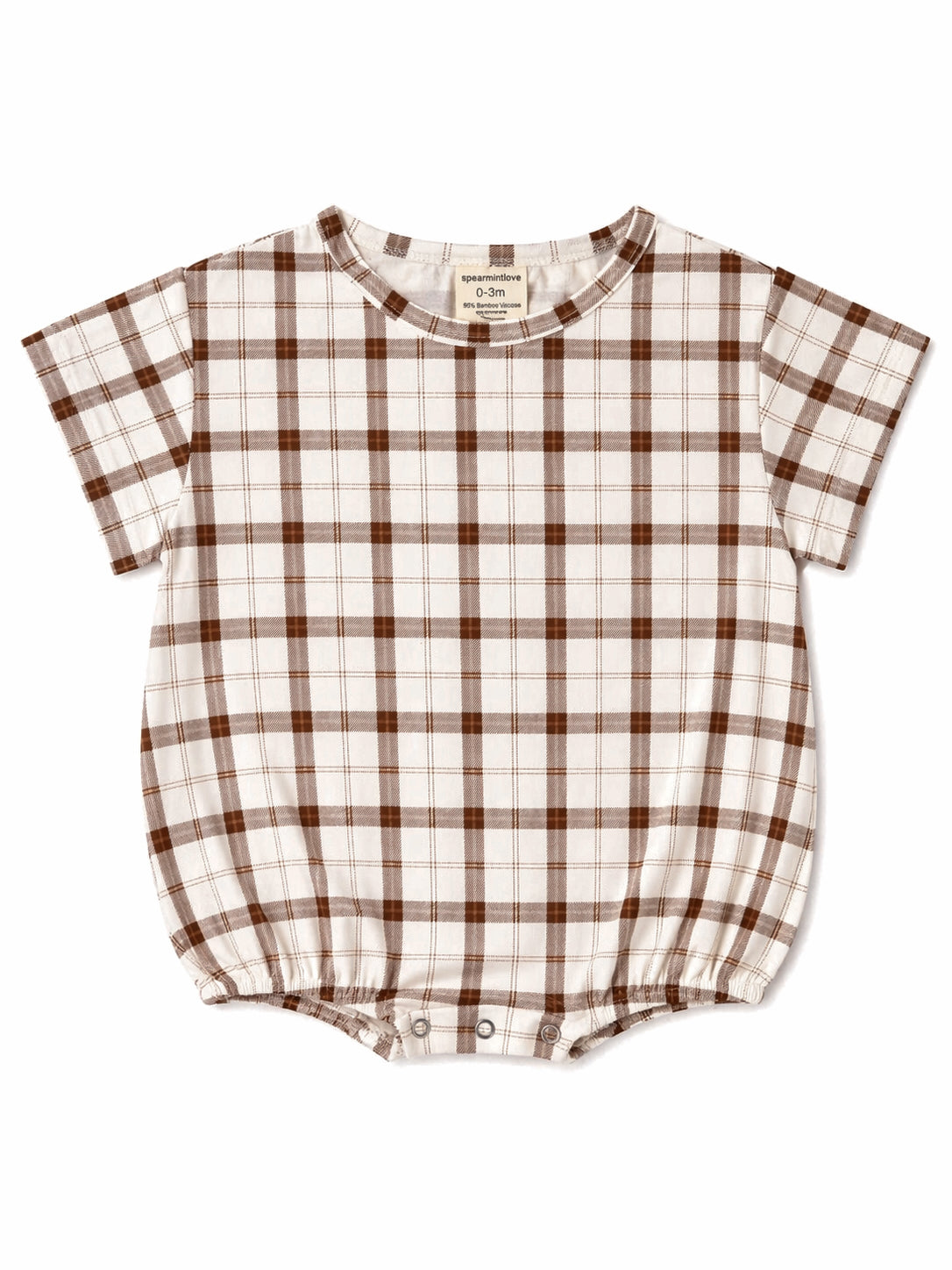 Brown and white plaid baby romper with short sleeves and snap closures at the bottom.