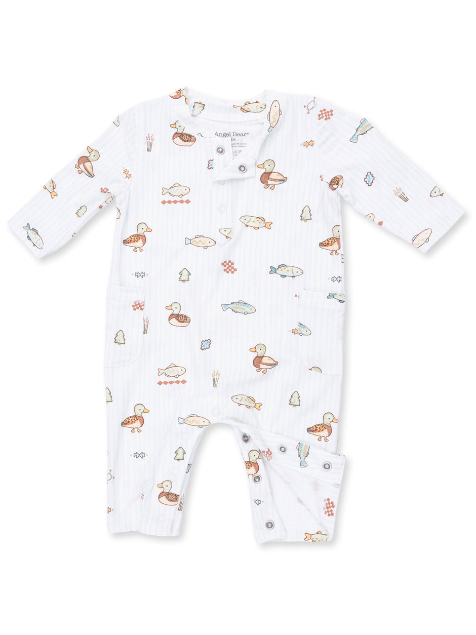 White baby onesie featuring playful fish and duck patterns with a button detail. Ideal for infants.
