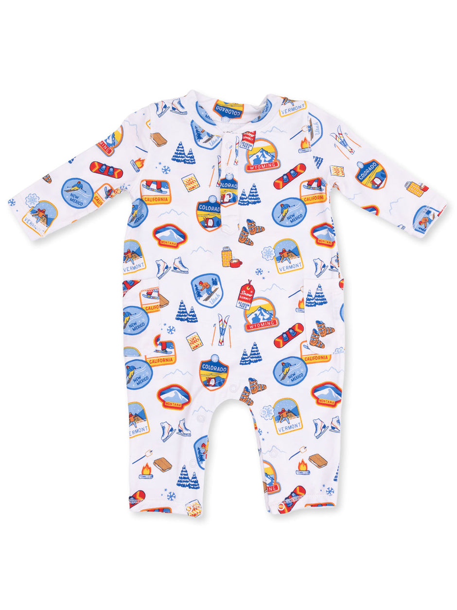 Infant romper featuring colorful state-themed designs, including mountains, snowboards, and travel badges.
