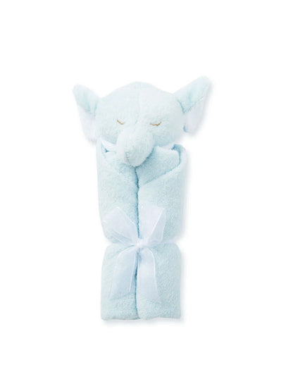 Soft blue elephant plush blanket wrapped with a white ribbon, perfect for infants and toddlers.