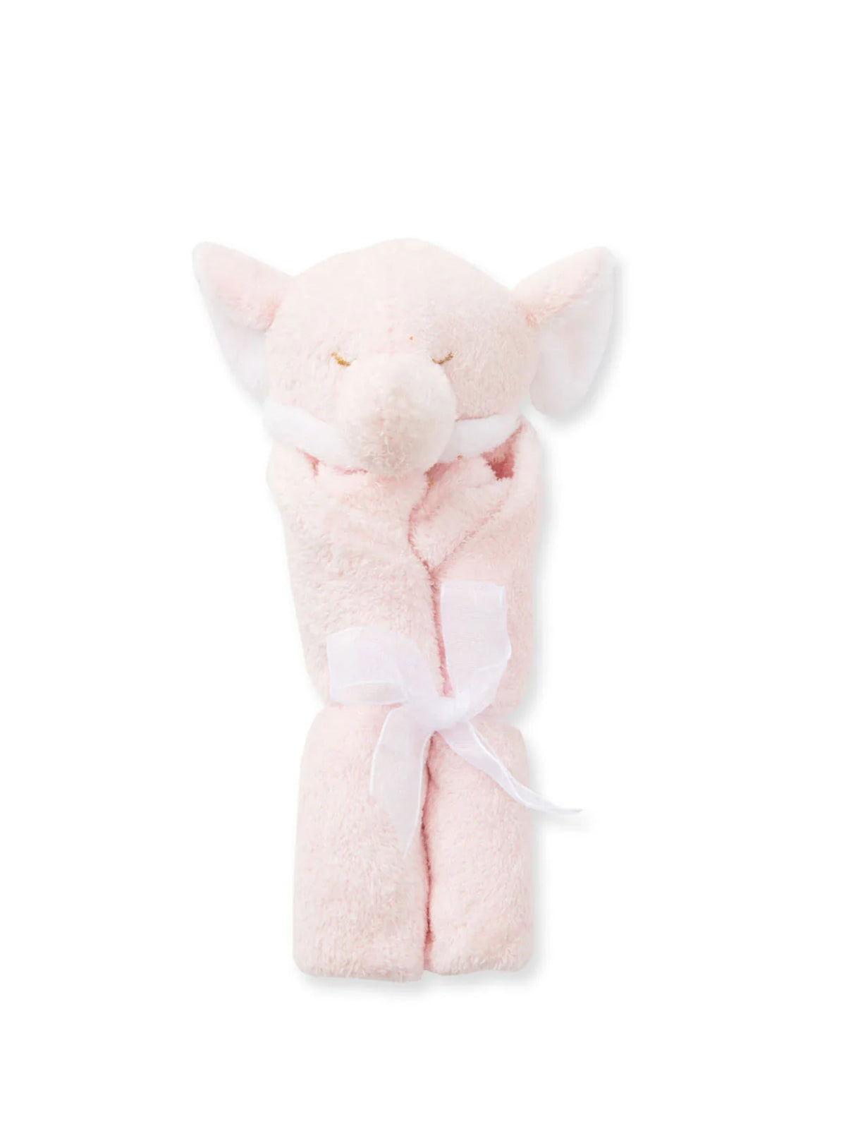 Soft pink elephant plush toy wrapped in a cozy blanket, tied with a ribbon. Ideal for comfort and cuddling.