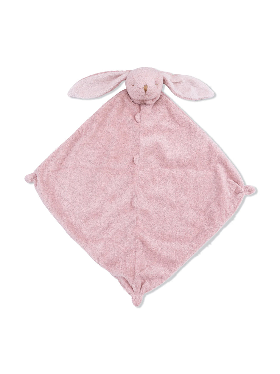 Pink plush bunny blanket with long ears and a soft, textured square body for infants.