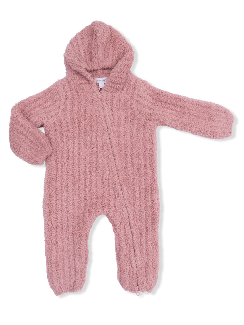 Chenille Hooded Romper with Striped Texture, Rose