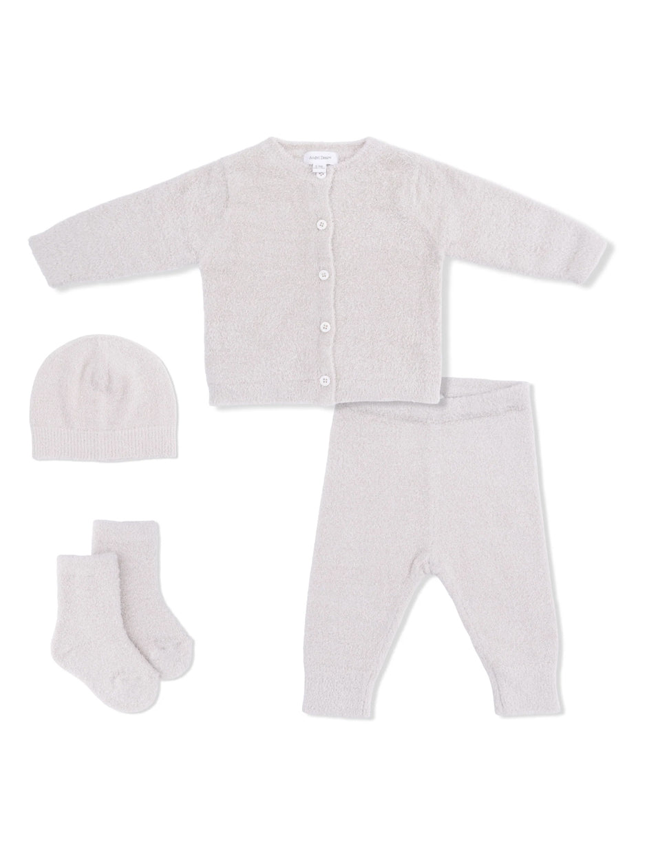 Chenille Button Down Cardigan 4-Piece Set, Natural