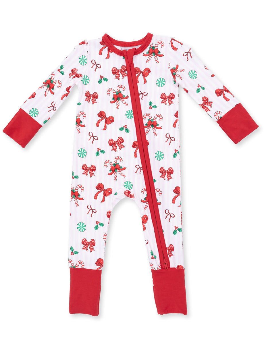 Christmas-themed infant onesie with candy canes and bows, featuring red accents and a front zipper.