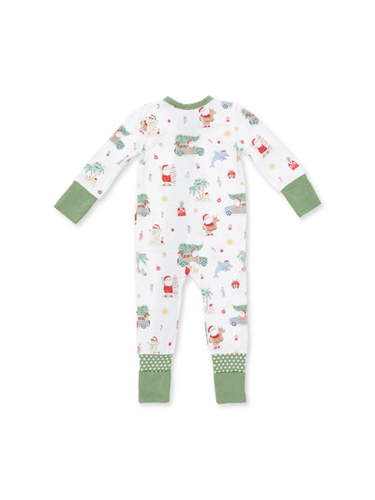 Baby pajamas with festive Santa patterns and green cuffs. Perfect for cozy holiday nights.