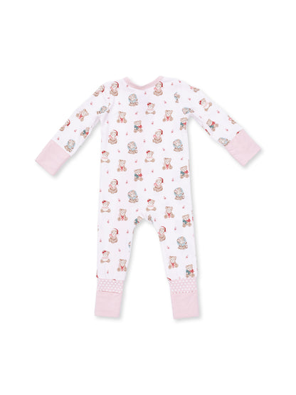 2-Way Zip Romper, Christmas Teddy Bears Pink