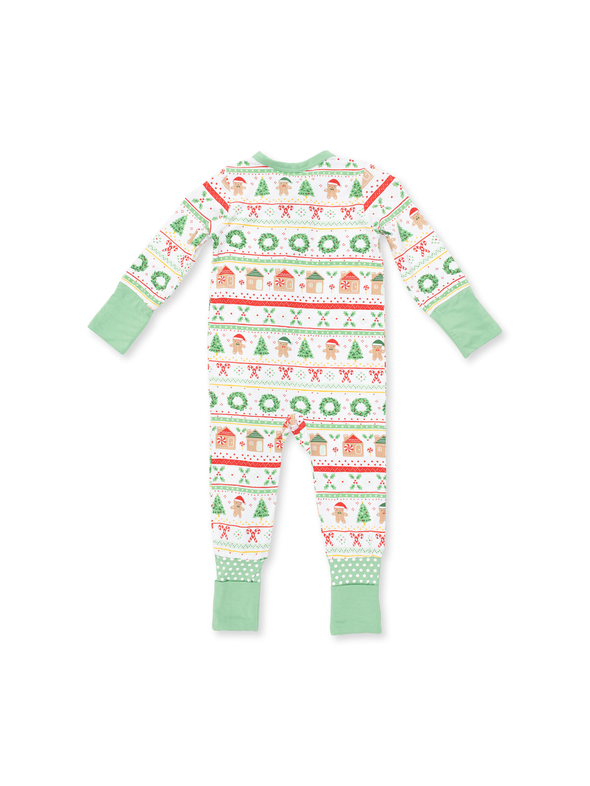 Baby holiday footed pajamas featuring festive patterns of gingerbread, trees, and wreaths in green and red.