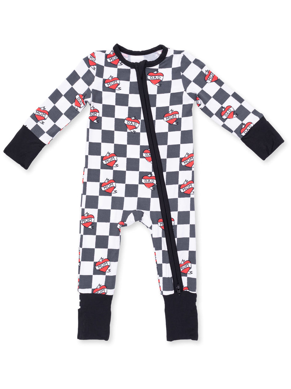 2-Way Zip Romper, Heart Tattoo Check Black