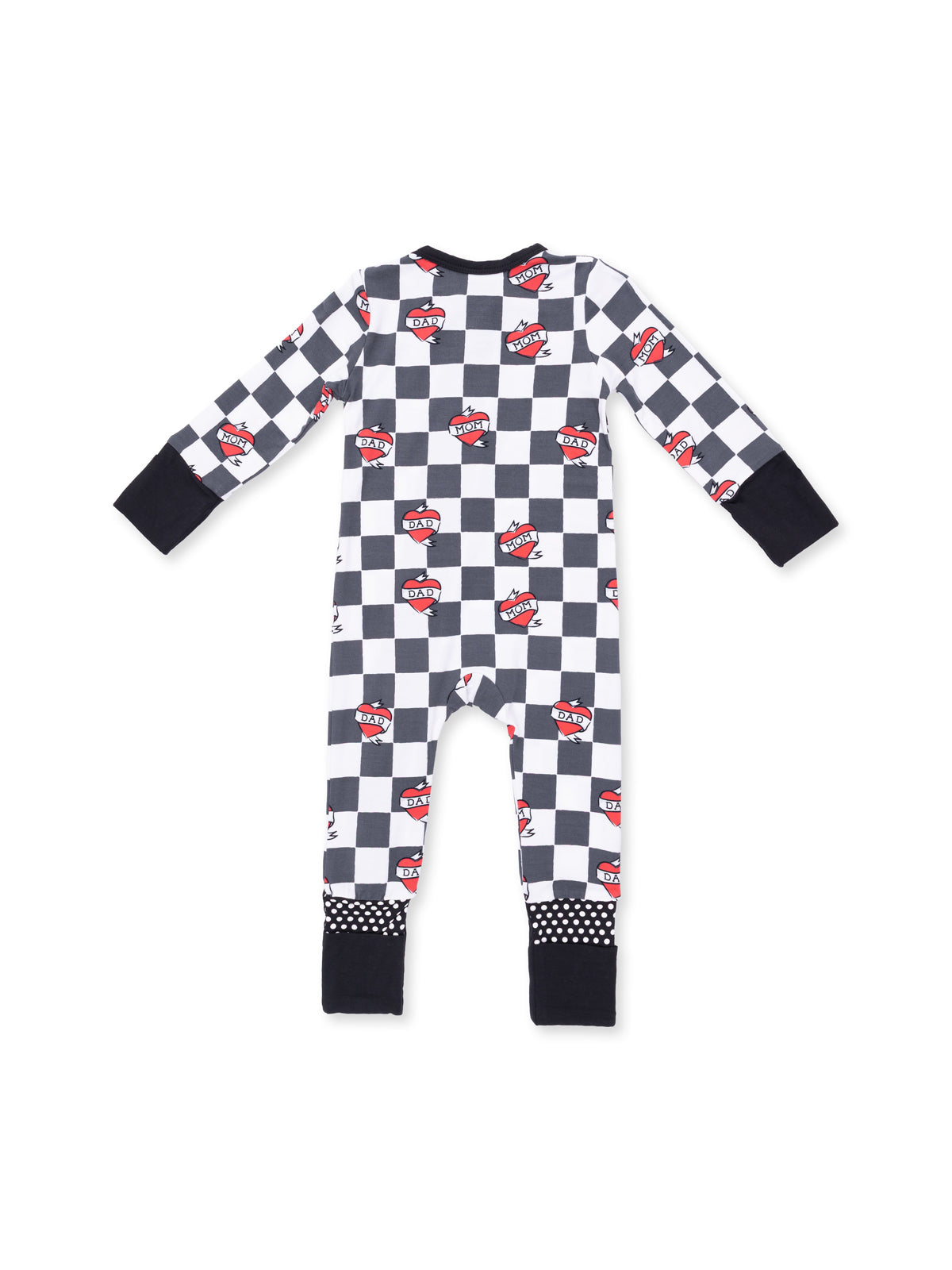 2-Way Zip Romper, Heart Tattoo Check Black
