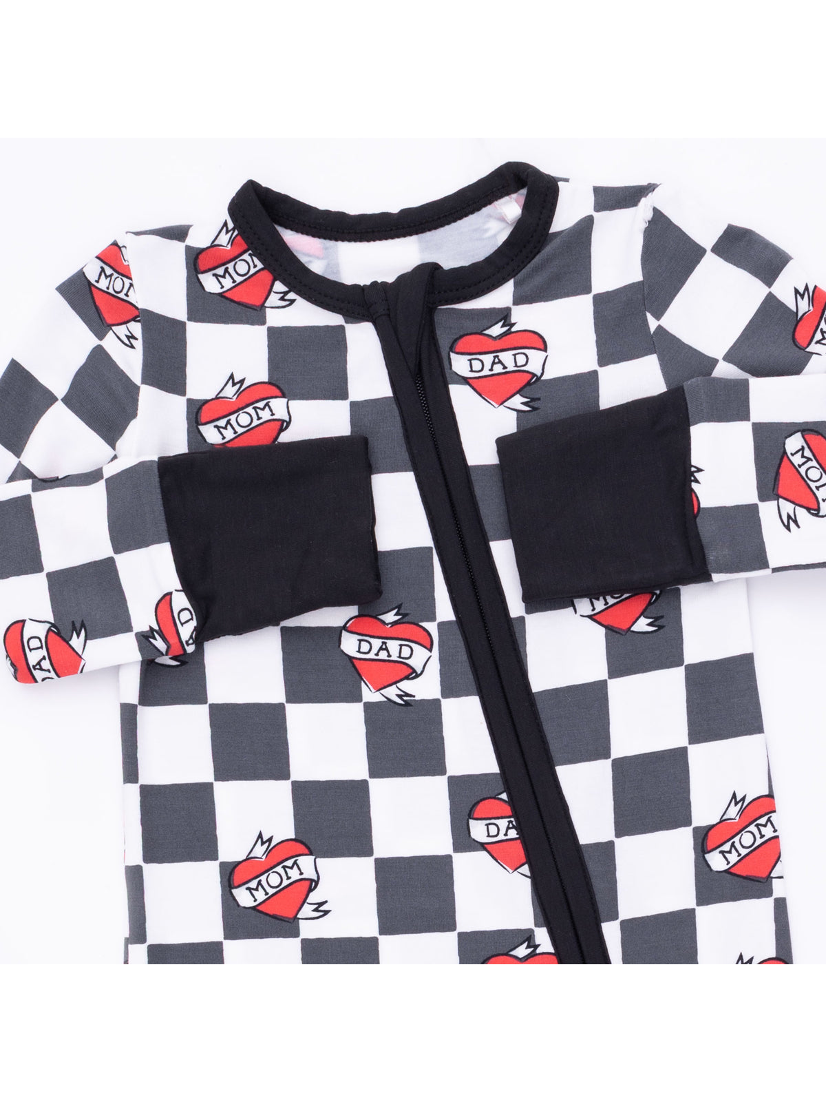 2-Way Zip Romper, Heart Tattoo Check Black