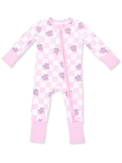 2-Way Zip Romper, Heart Tattoo Check Pink