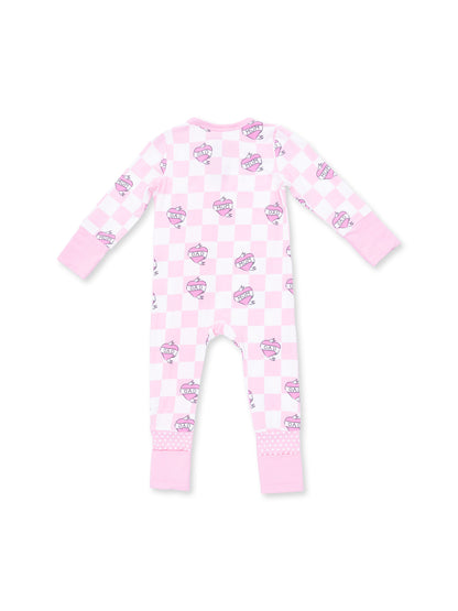 2-Way Zip Romper, Heart Tattoo Check Pink
