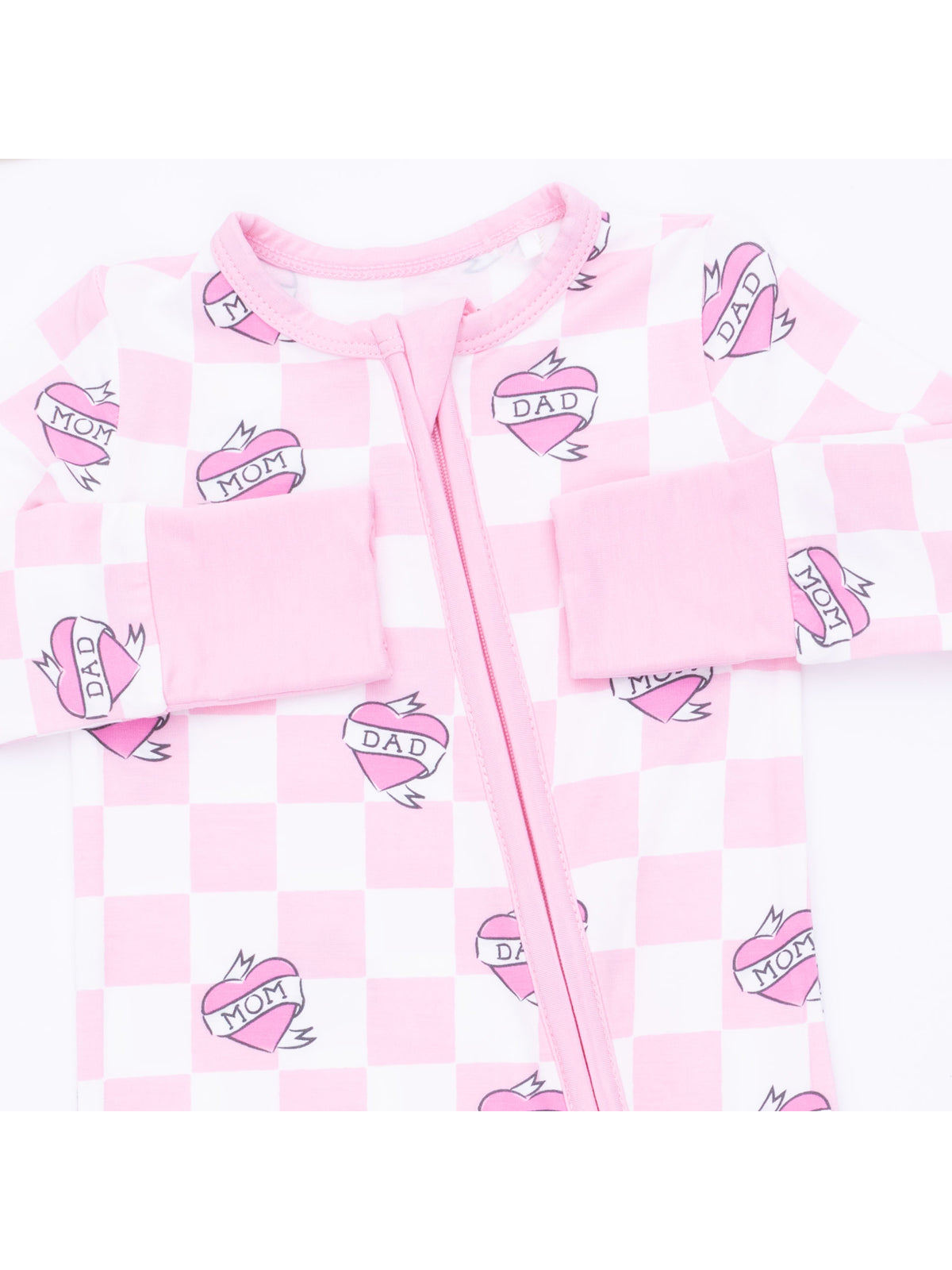 2-Way Zip Romper, Heart Tattoo Check Pink