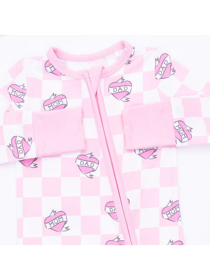 2-Way Zip Romper, Heart Tattoo Check Pink