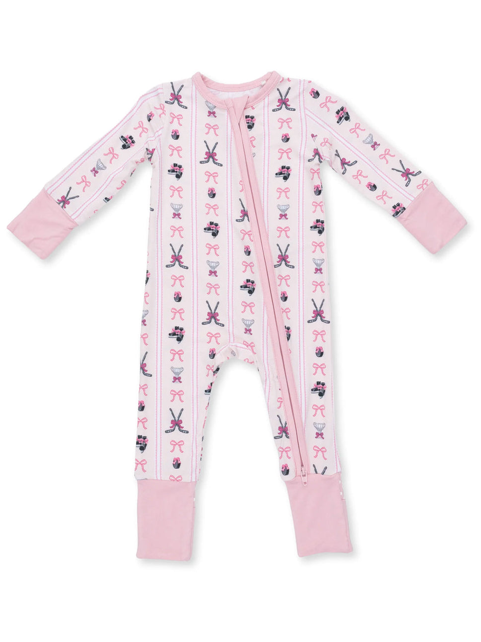 Pink baby onesie featuring patterns of bows, scissors, and ballet shoes. Full zip front and long sleeves.