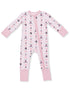Pink baby onesie featuring patterns of bows, scissors, and ballet shoes. Full zip front and long sleeves.
