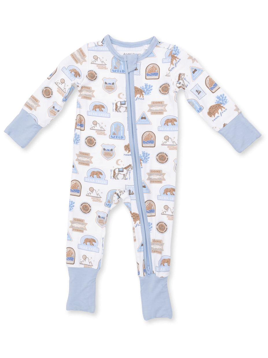 Baby onesie with blue accents and playful animal prints, featuring bears and nature-themed graphics.