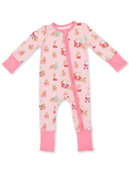 Pink holiday-themed baby onesie with Santa and reindeer patterns, featuring a front zipper and long sleeves.