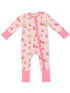Pink holiday-themed baby onesie with Santa and reindeer patterns, featuring a front zipper and long sleeves.