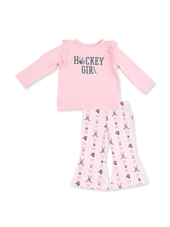 Pink girls' pajama set with "Hockey Girl" shirt and patterned pants featuring hockey and bow designs.