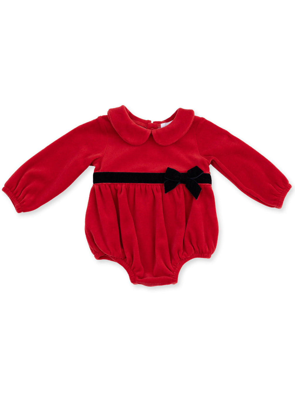 Red baby dress with long sleeves, a collar, and a black bow accent on the waist. Perfect for special occasions.