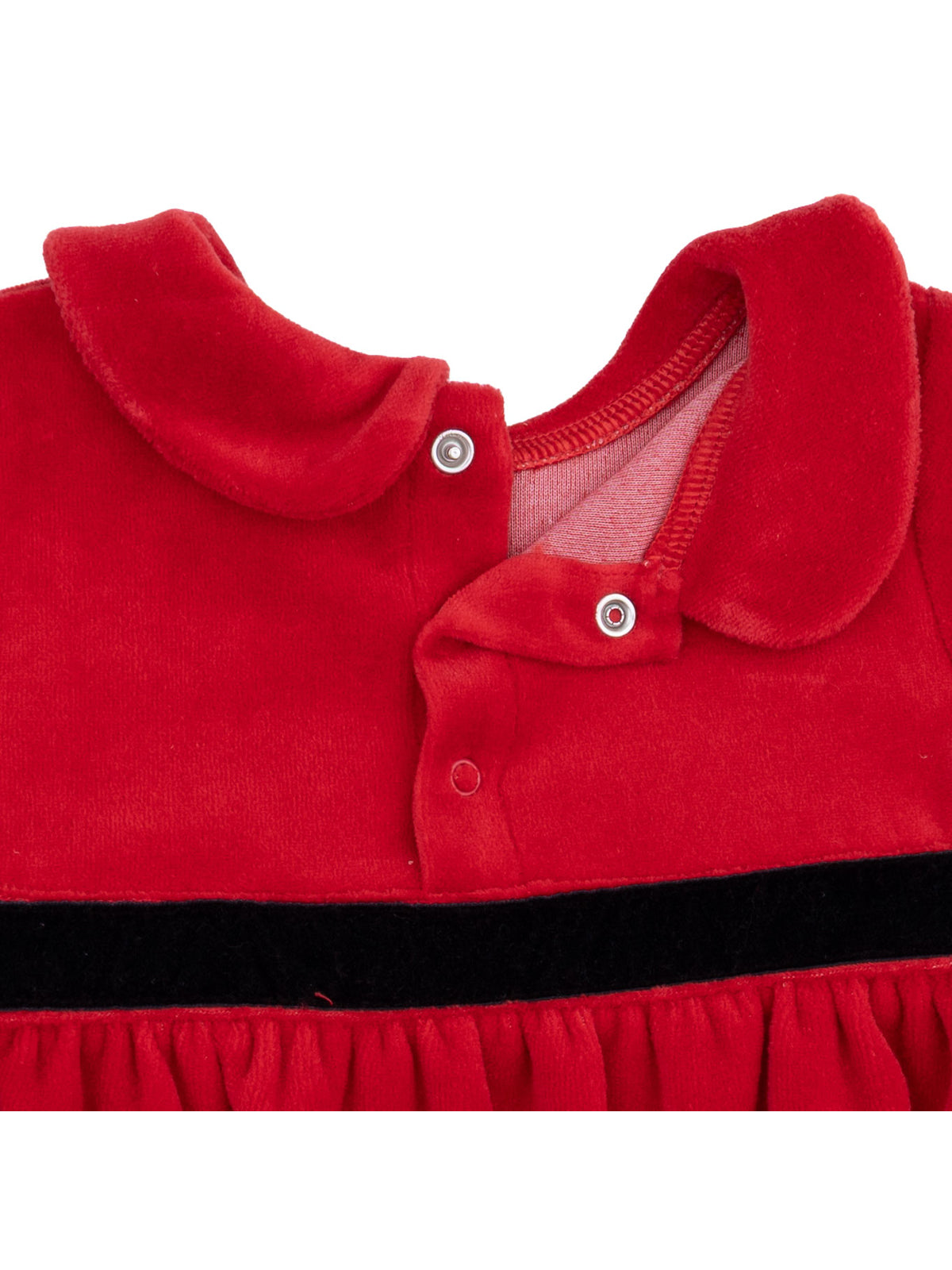 Red toddler dress with a collar, snap closures, and a black velvet waistband detail. Soft fabric, perfect for play.