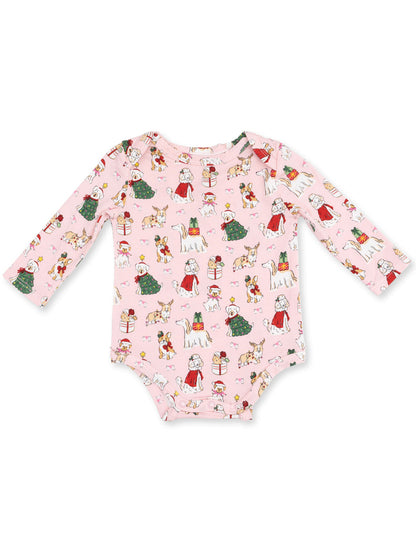 Pink long-sleeve onesie with playful holiday-themed dog and gift patterns. Perfect for festive occasions.