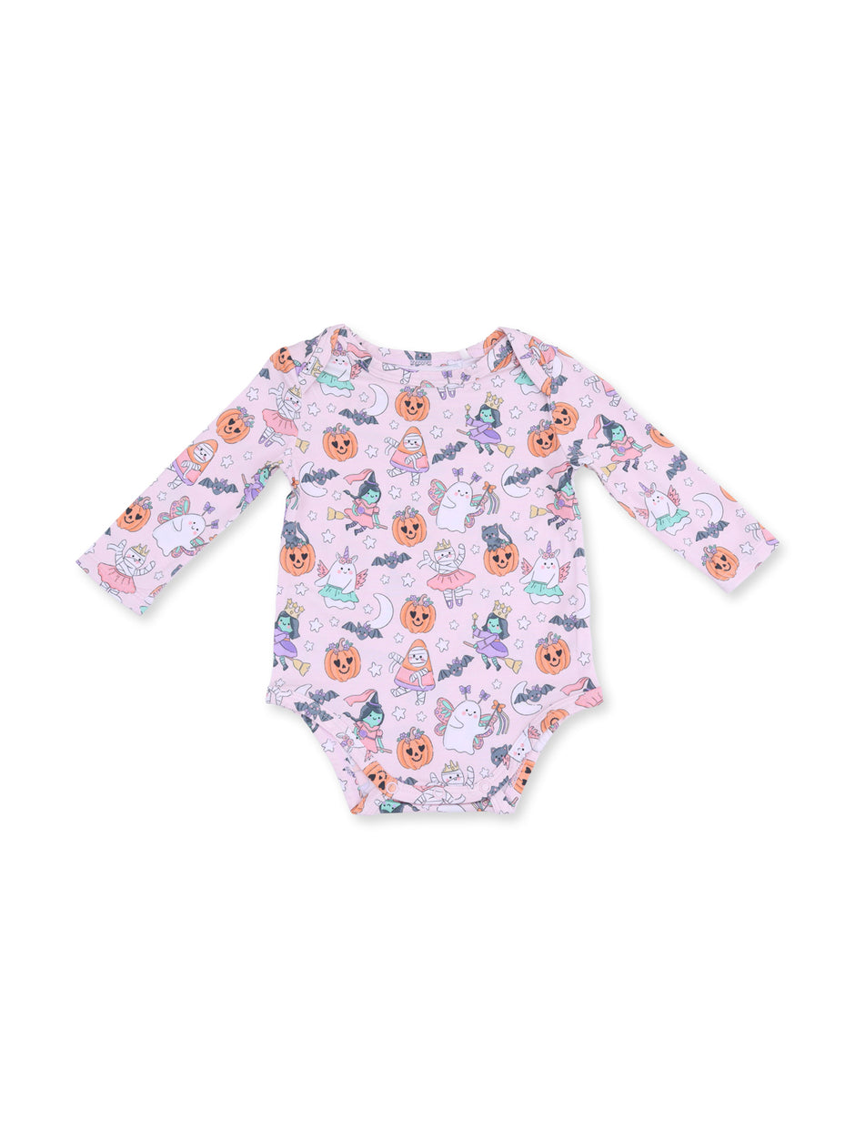 Pink long-sleeve infant bodysuit with Halloween-themed prints, including pumpkins, ghosts, and bats.