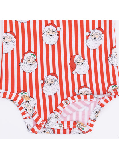 Red striped onesie featuring playful Santa Claus illustrations in various expressions.