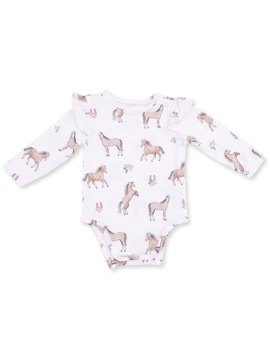 White baby bodysuit with playful horse and floral patterns, featuring ruffled sleeves and snap closure.