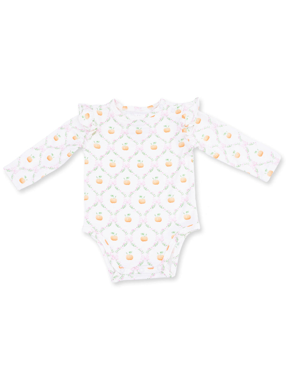 Long-sleeve baby bodysuit with ruffled shoulders, featuring a peach and floral pattern on a white background.