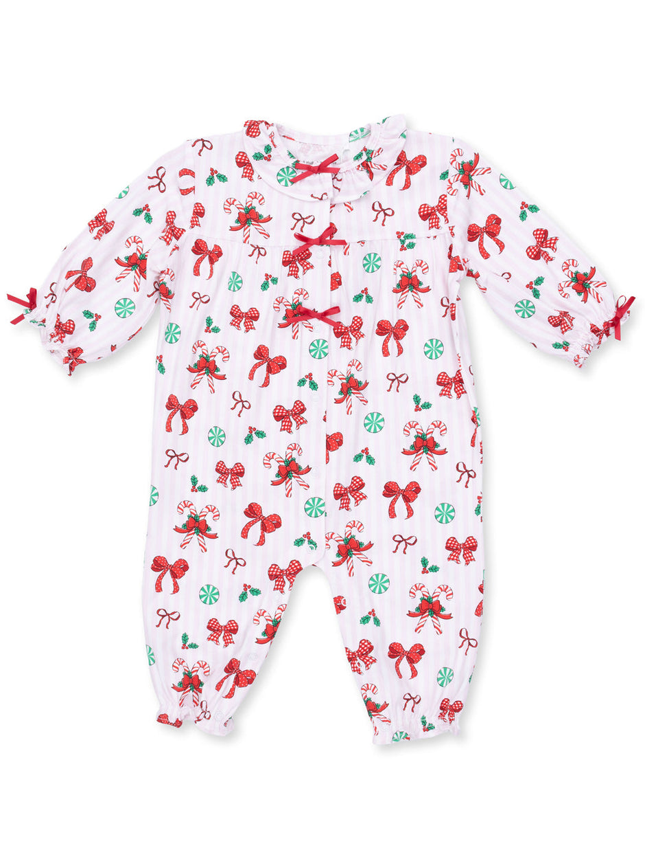 Red and white infant onesie with candy canes and bows pattern for festive occasions.