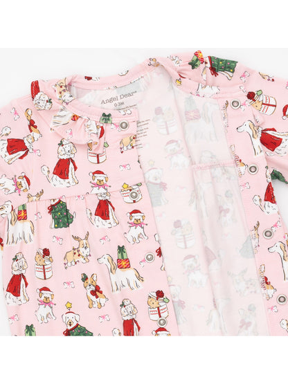 Ruffle Collar Romper, Christmas Dogs Pink