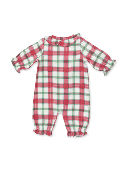 Brushed Twill Ruffle Collar Romper, Holiday Plaid