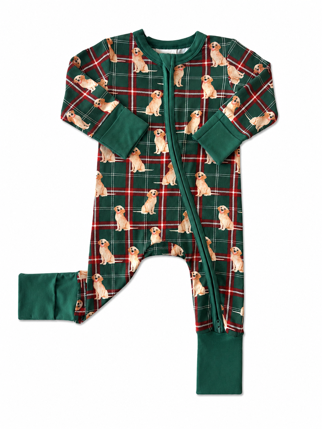 Green plaid pajama jumpsuit with golden retriever prints, featuring a front zipper and long sleeves.