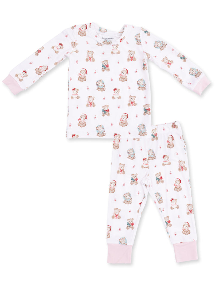 Children's pajama set with long sleeves and pants, featuring cute bear and holiday-themed patterns.