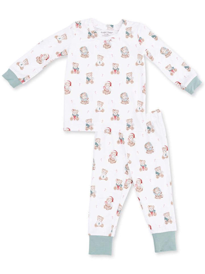 Lightweight children's pajama set featuring teddy bear and candy cane print, with long sleeves and elastic waist pants.
