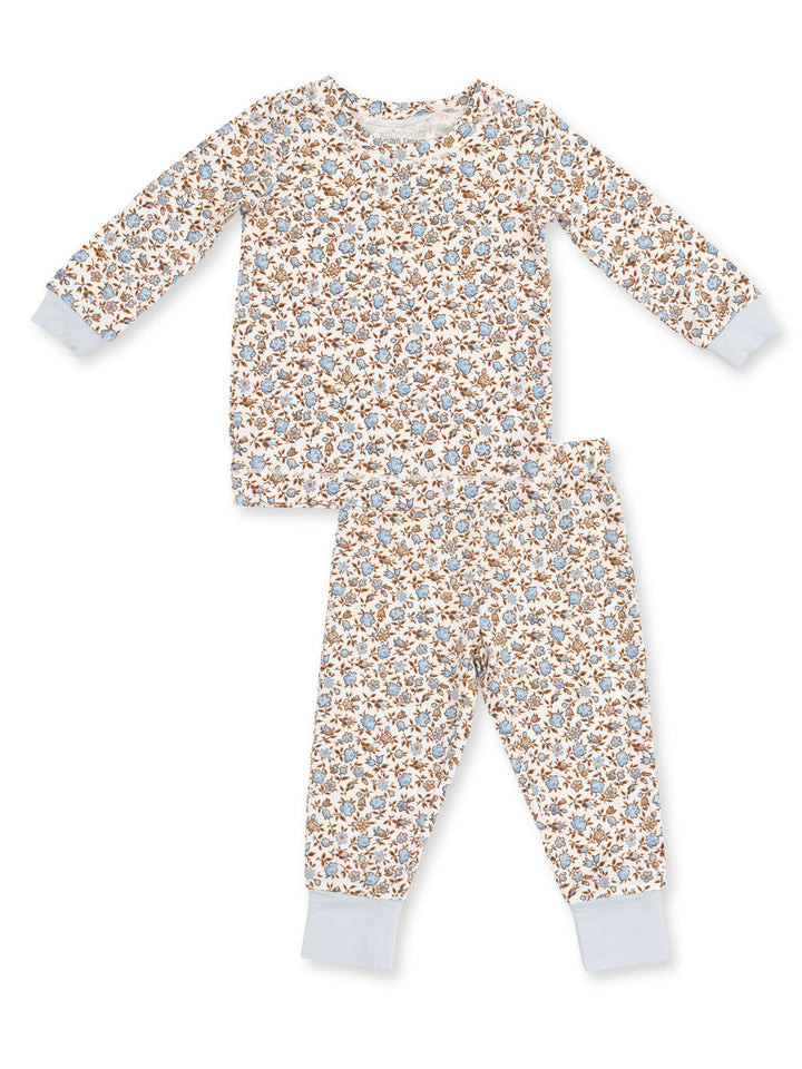 Kids' floral pajama set with long sleeves and pants in soft cotton, featuring blue and brown flower patterns.