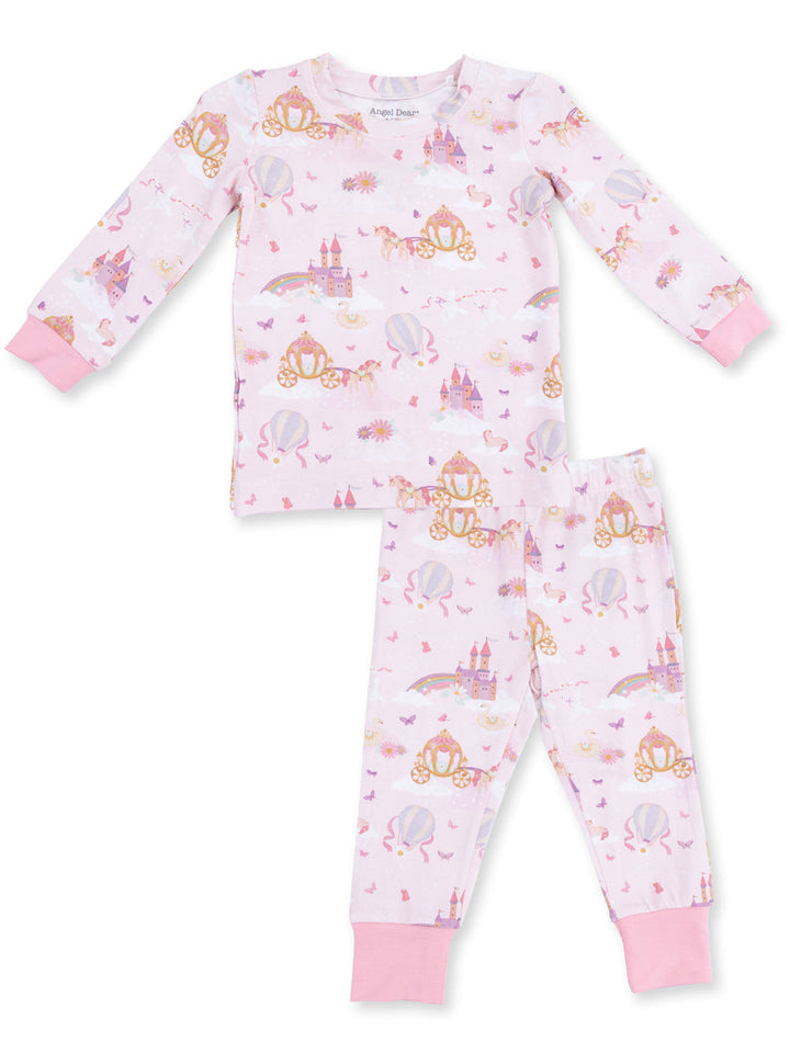 Pink children's pajamas featuring castles, unicorns, hot air balloons, and whimsical designs.