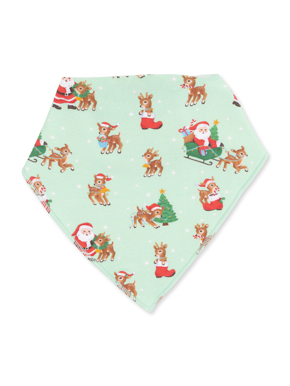 Mint green bandana featuring festive reindeer and Santa illustrations. Perfect for the holidays!