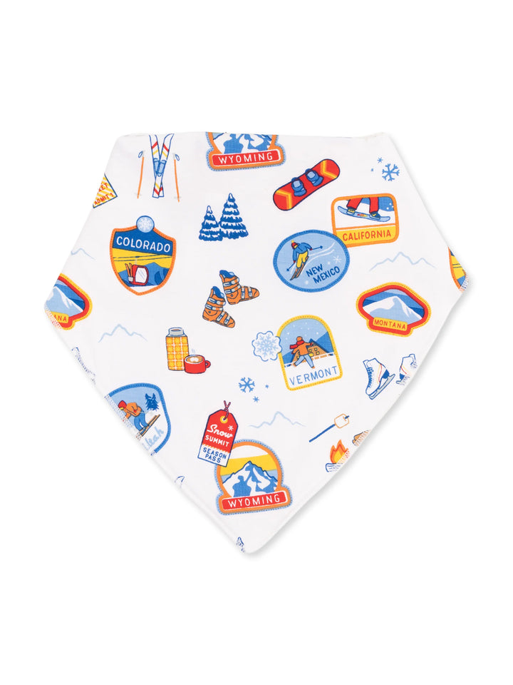 A patterned bandana featuring winter sports and state-themed badges in bright colors.
