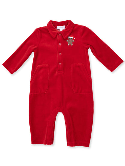 Red infant romper with collar, buttons, and gingerbread man decoration on the chest. Ideal for festive occasions.