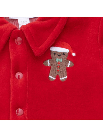 Red clothing with a gingerbread man wearing a Santa hat, featuring embroidered details and buttons.
