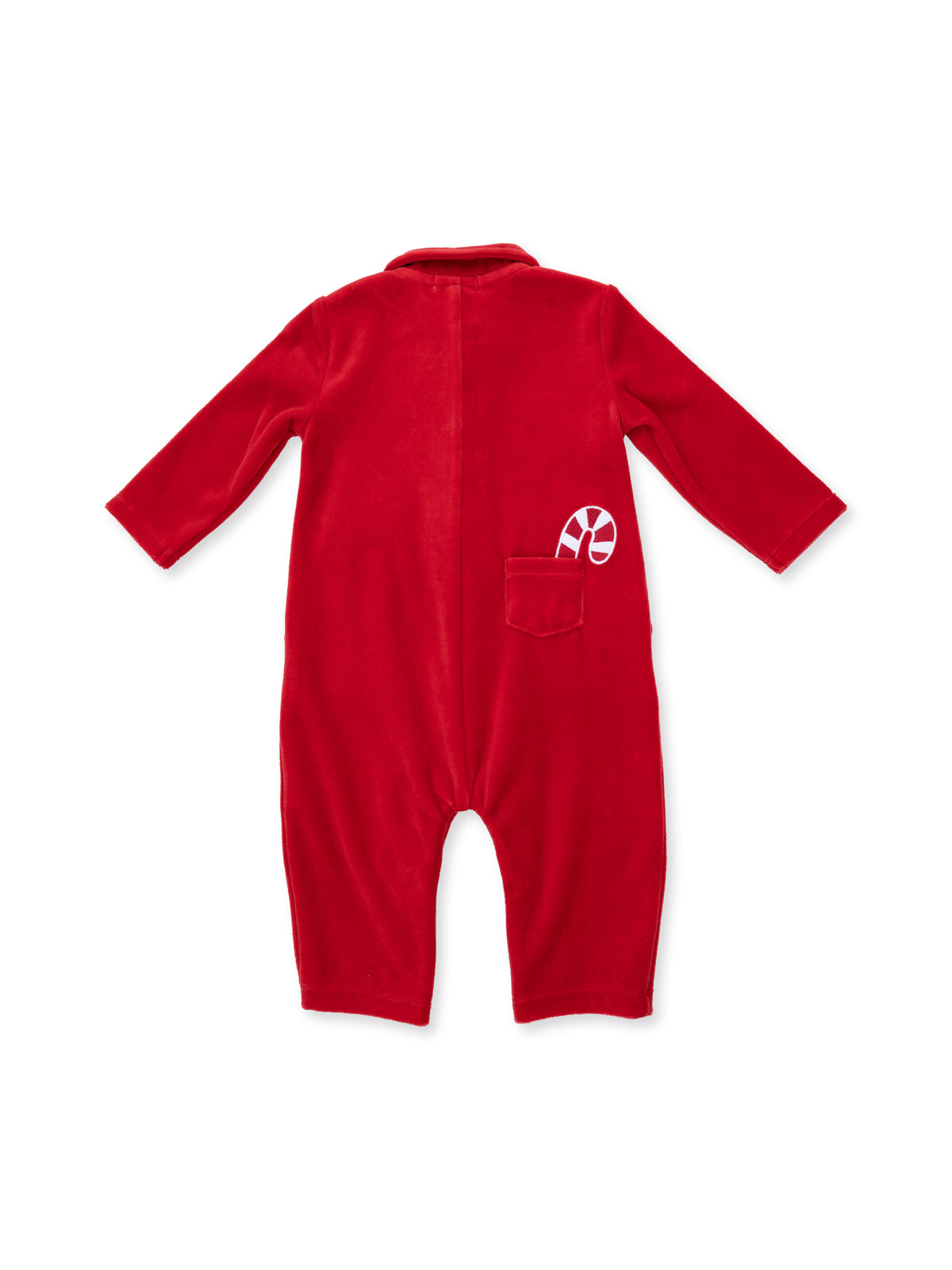 Red children's onesie with long sleeves and a candy cane pocket. Soft and cozy fabric, perfect for winter wear.